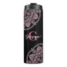 Monogrammed Dusky Rose Floral Fronds Dot Mandala