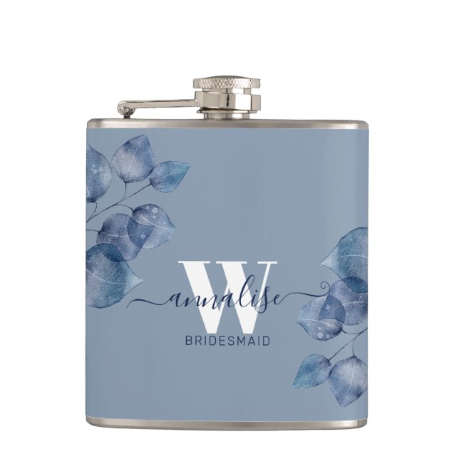 Monogrammed Dusty Blue Botanical Bridesmaid Hip Flask (Front)