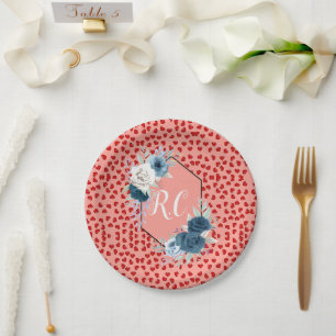 Monogrammed Dusty Blue Floral & Red Hearts Paper Plate