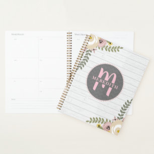 Monogrammed Dusty Floral Grey Wood Planner
