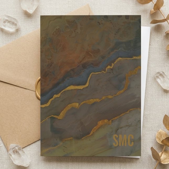Monogrammed Earth Tone Geode Marble Thank You Card (Monogrammed geode note card on marble, a lovely thank you gift for a classy grandmother.)