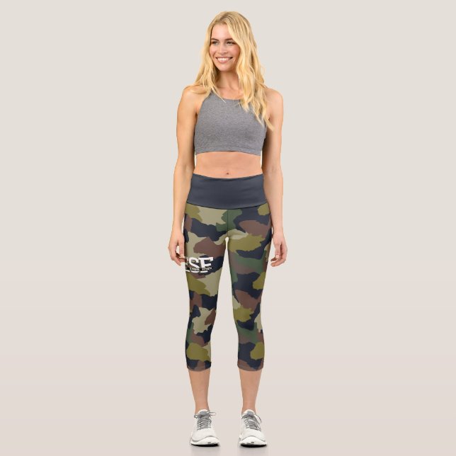 Monogrammed Earth Tones Green Brown Camouflage Capri Leggings (Front)