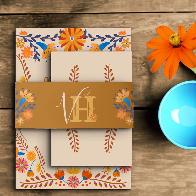 Monogrammed Earthy Boho Mexican Floral Invitation Belly Band (Monogrammed Invitation Belly Bands western boho mexican floral design)