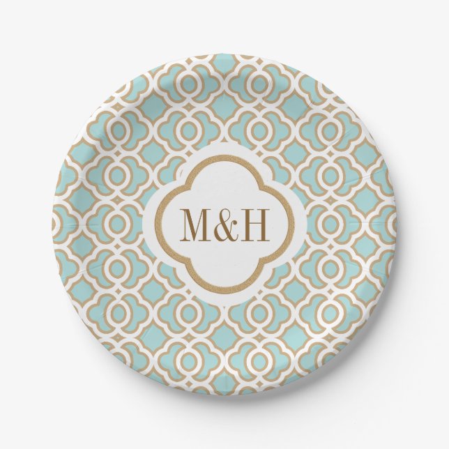 Monogrammed Eggshell Blu and Gold Moroccan Wedding Paper Plate (Front)