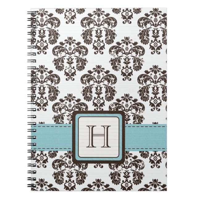 Monogrammed Eggshell Blue Brown Damask Spiral Note Notebook (Front)