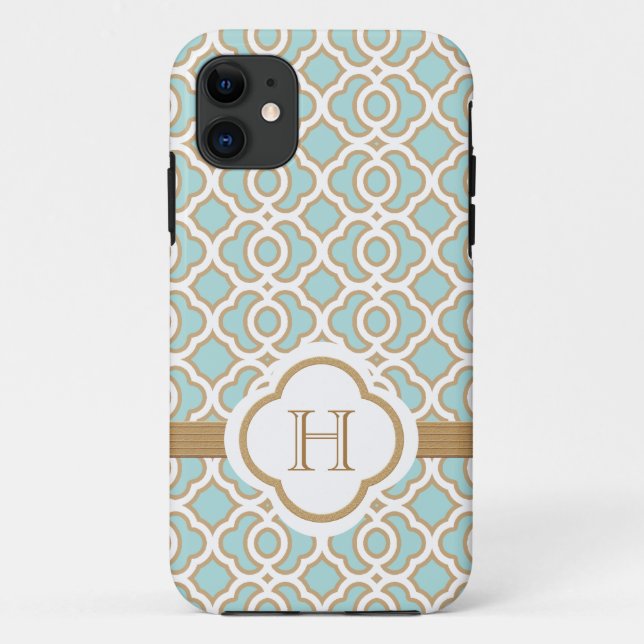 Monogrammed Eggshell Blue Gold Moroccan Case-Mate iPhone Case (Back)