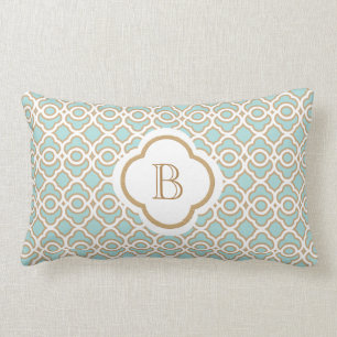 Monogrammed Eggshell Blue Gold Moroccan Lumbar Cushion