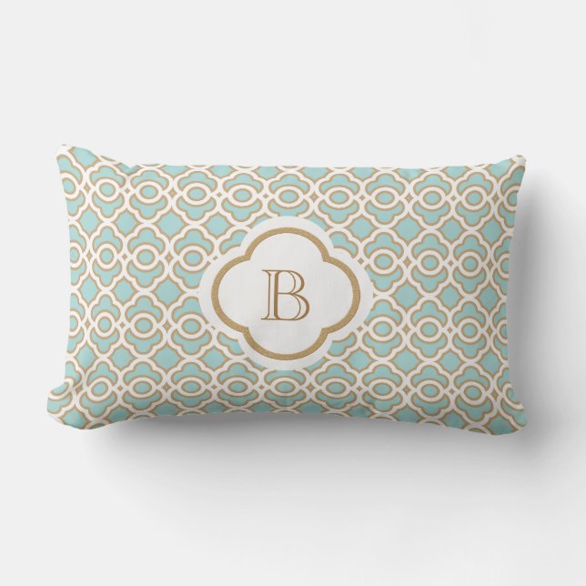 Monogrammed Eggshell Blue Gold Moroccan Lumbar Cushion (Front)