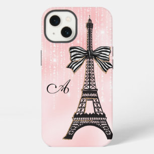 Monogrammed Eiffel Tower Pink and Black Paris iPhone 13 Case