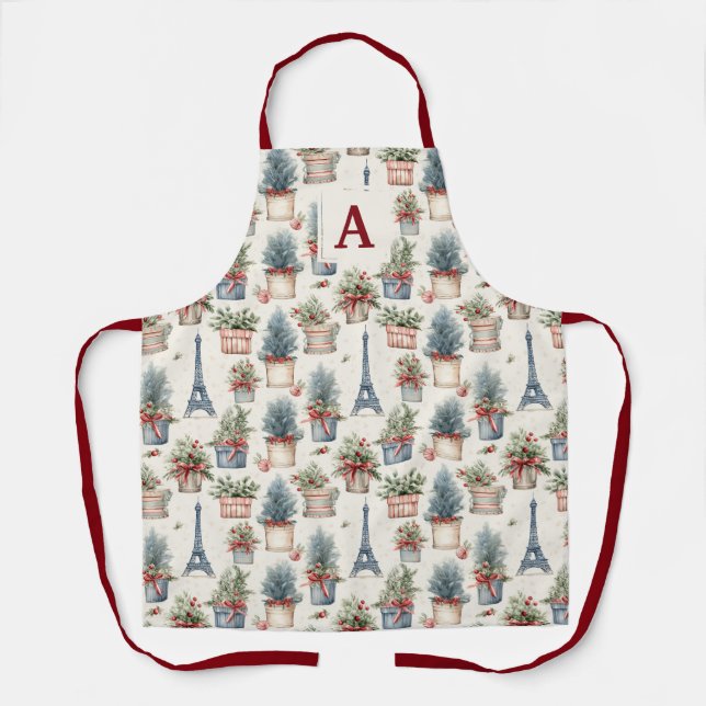 Monogrammed Eiffel Tower Topiaries Paris Christmas Apron (Front)