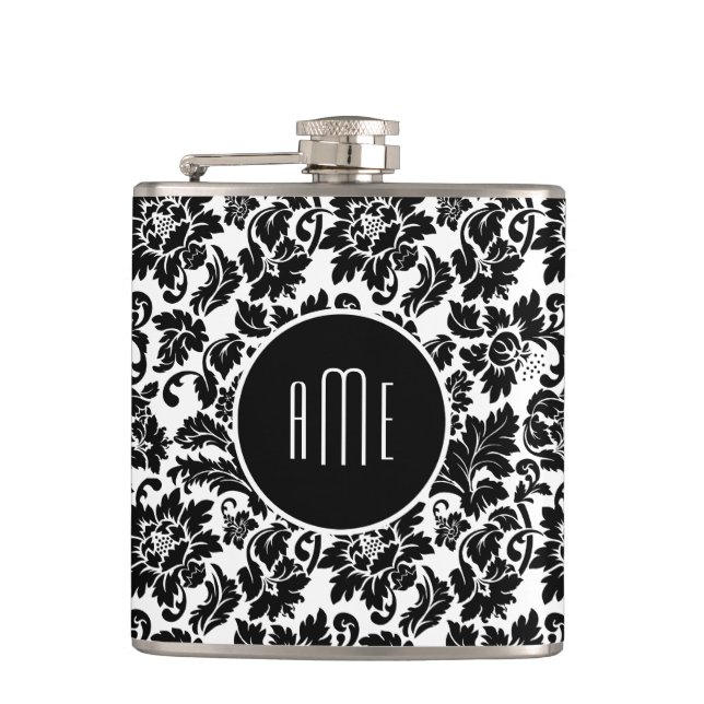 Monogrammed Elegant Black Floral Damasks Hip Flask (Front)