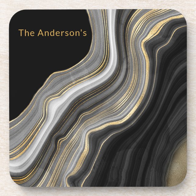 Monogrammed Elegant  Black, Gold and Gray Agate Coaster (Front)