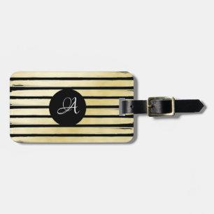 Monogrammed elegant black gold foil paint striped luggage tag