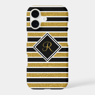 Monogrammed Elegant Black Gold Glitter Stripes
