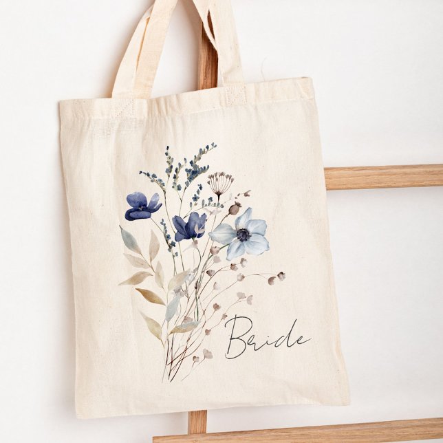 Monogrammed Elegant Blue Flower Bouquet Tote Bag (Close up)
