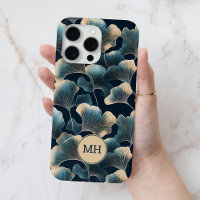 Monogrammed Elegant Blue Ginkgo Floral Pattern