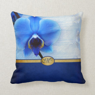 Monogrammed Elegant Blue Orchid Gold Textured Cushion