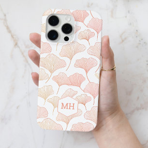 Monogrammed Elegant Blush Pink Ginkgo Leaf Pattern iPhone 15 Pro Max Case