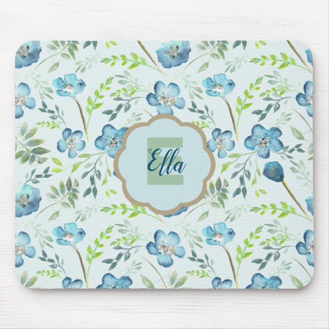 Monogrammed Elegant Boho Blue Watercolor Flowers Mouse Mat (Front)