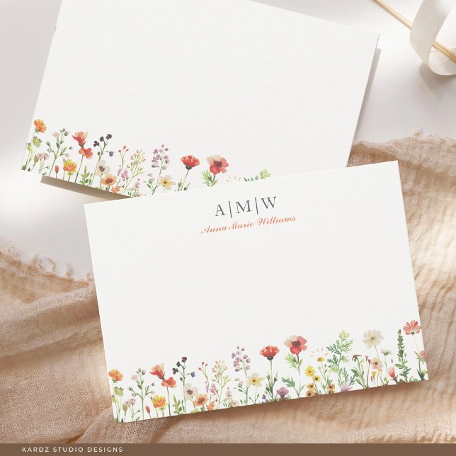 Monogrammed Elegant Boho Chic Note Card (Card shown in 3.5 x 5 in. Choose size corner, style before check out. Card comes with off-white back)