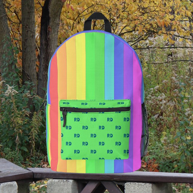 Monogrammed Elegant Bright Rainbow Coloured Stripe Printed Backpack (Fun colorful stripes and monogram on green.)