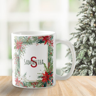 Monogrammed Elegant Christmas Winter Botanicals Coffee Mug