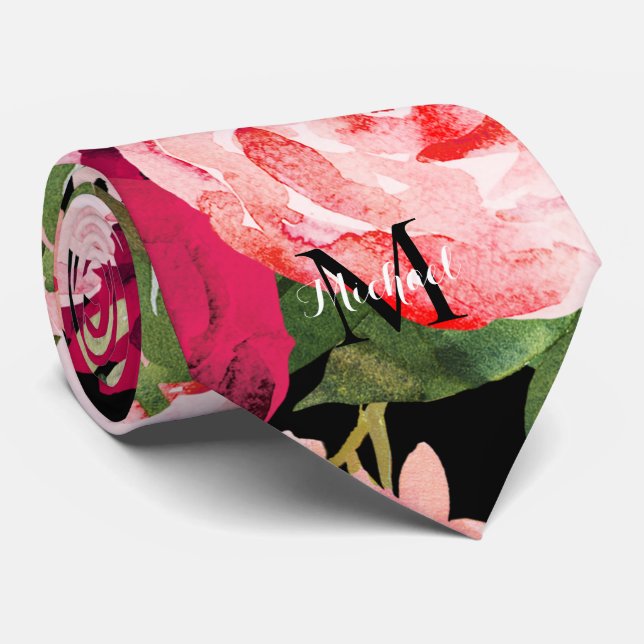 Monogrammed elegant floral Pink Black Tie (Rolled)
