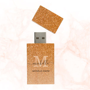 Monogrammed Elegant Luxurious Gold Glitter  Wood USB Flash Drive