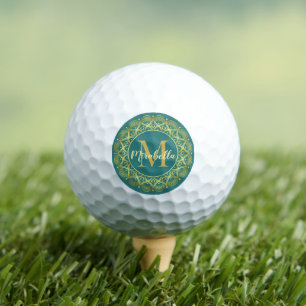 Monogrammed Elegant Mandala Green and Gold Girly Golf Balls