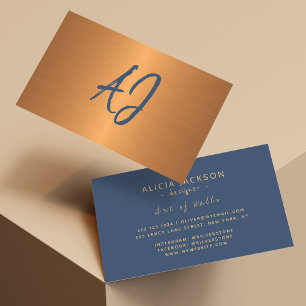 Monogrammed elegant metallic copper navy business card