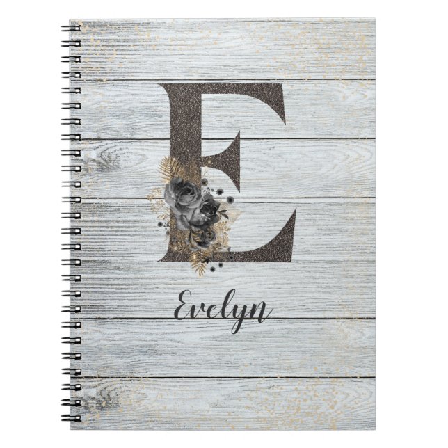 Monogrammed Elegant Modern Goth Black Rose E Notebook (Front)