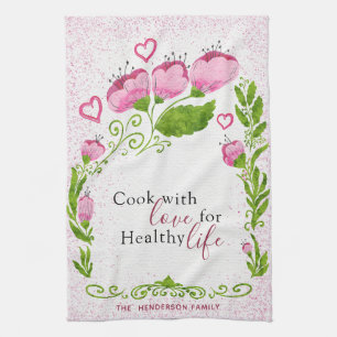 Monogrammed Elegant Motivational Pink Floral Tea Towel