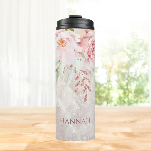 Monogrammed Elegant Pink Rose Peony Floral Marble Thermal Tumbler (In situ)