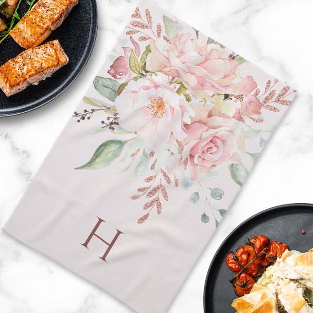 Monogrammed Elegant Pink Rose Peony Floral Tea Towel (In situ)