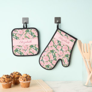 Monogrammed Elegant Pink Roses and Monstera Floral Oven Mitt & Pot Holder Set