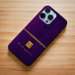 Monogrammed elegant purple gold luxury iPhone 15 pro max case<br><div class="desc">Classy exclusive looking office or personal monogrammed phone case featuring a faux gold copper metallic square with your monogram name initials and a sparkling stripe over a stylish purple indigo faux leather background. Suitable for small business, corporate or independant business professionals, personal branding or stylists specialists, makeup artists or beauty...</div>