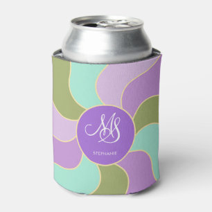 Monogrammed Elegant Purple Green Retro Sun Waves  Can Cooler