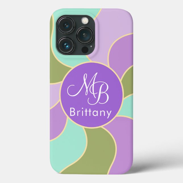 Monogrammed Elegant Purple Green Retro Sun Waves  Case-Mate iPhone Case (Back)