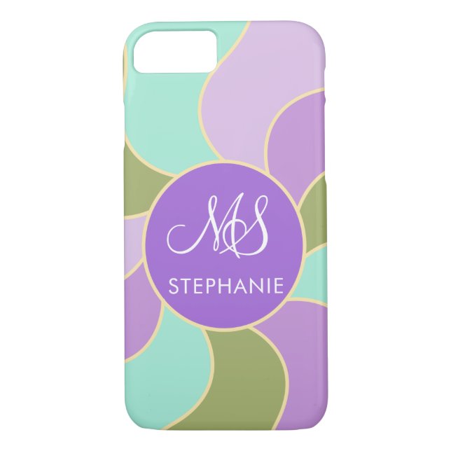 Monogrammed Elegant Purple Green Retro Sun Waves  Case-Mate iPhone Case (Back)