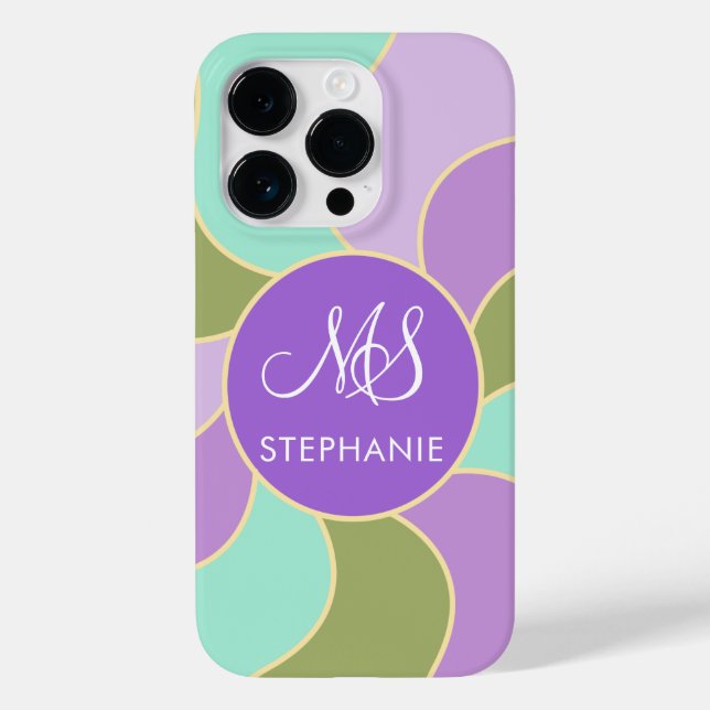 Monogrammed Elegant Purple Green Retro Sun Waves  Case-Mate iPhone Case (Back)