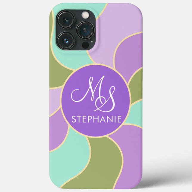 Monogrammed Elegant Purple Green Retro Sun Waves  Case-Mate iPhone Case (Back)
