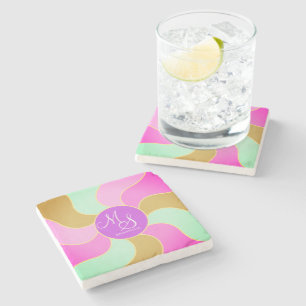 Monogrammed Elegant Purple Green Retro Sun Waves Stone Coaster
