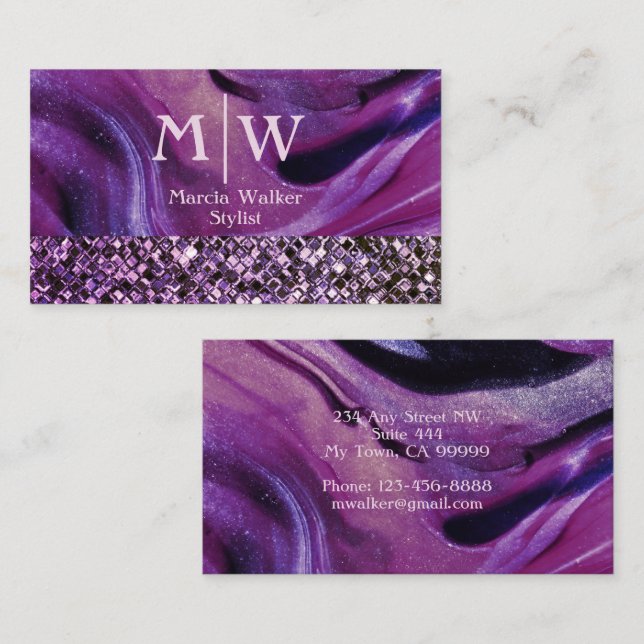 Monogrammed Elegant Purple Marble Glitter Luxury Business Card (Front/Back)