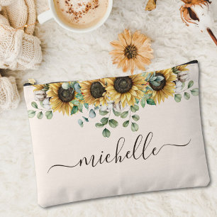 Monogrammed Elegant Rustic Sunflower Eucalyptus Accessory Pouch