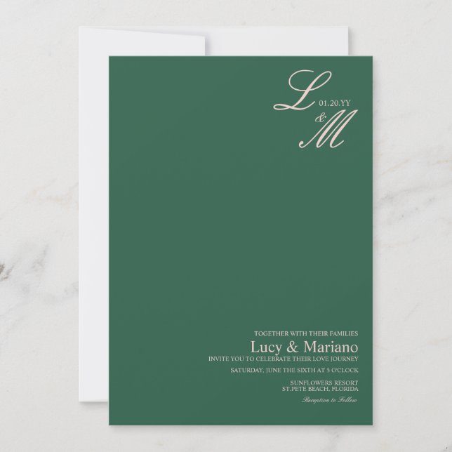 Monogrammed Elegant Script Green Beige Wedding  Invitation (Front)