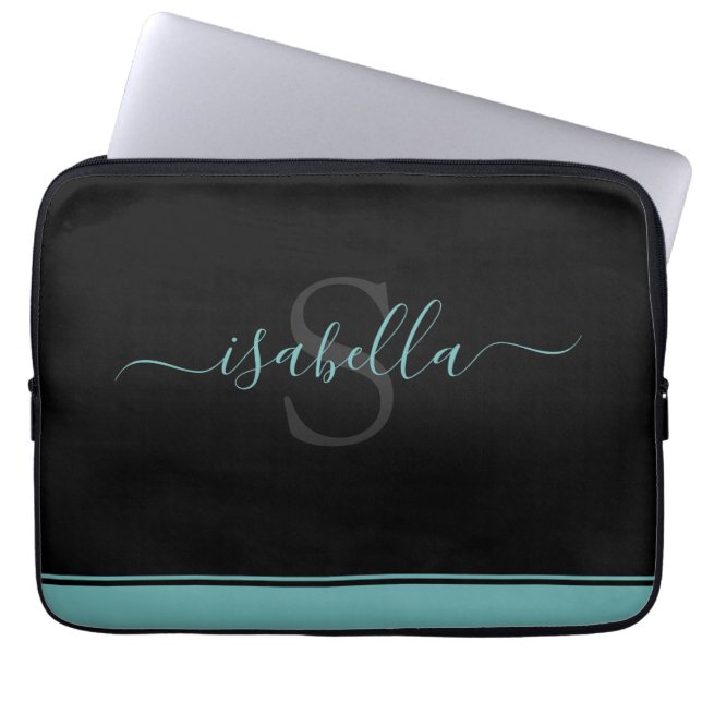 Monogrammed Elegant Script Teal Laptop Sleeve (Front)