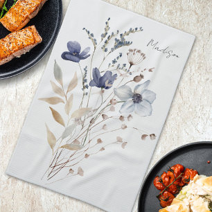 Monogrammed Elegant Watercolor Blue Wildflower Tea Towel