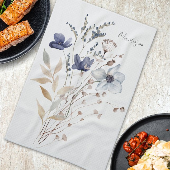 Monogrammed Elegant Watercolor Blue Wildflower Tea Towel (In situ)