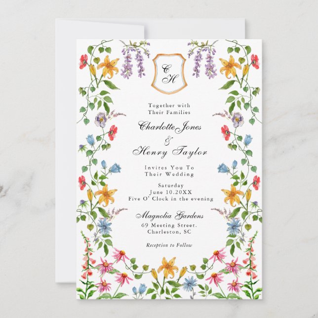 Monogrammed English Garden Floral  Wedding  Announcement (Front)