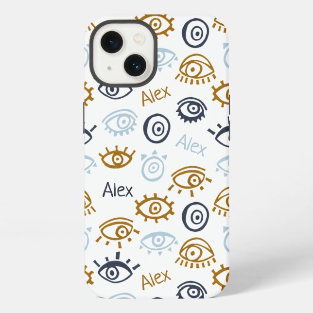Monogrammed Evil Eye Pattern | Add Name iPhone Case (Back)